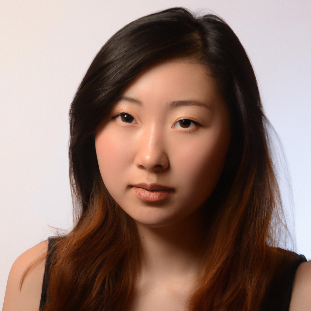 Portrait of Amelia Chen, Technical Director at NorthLight, in a minimalist studio lit with soft keylight