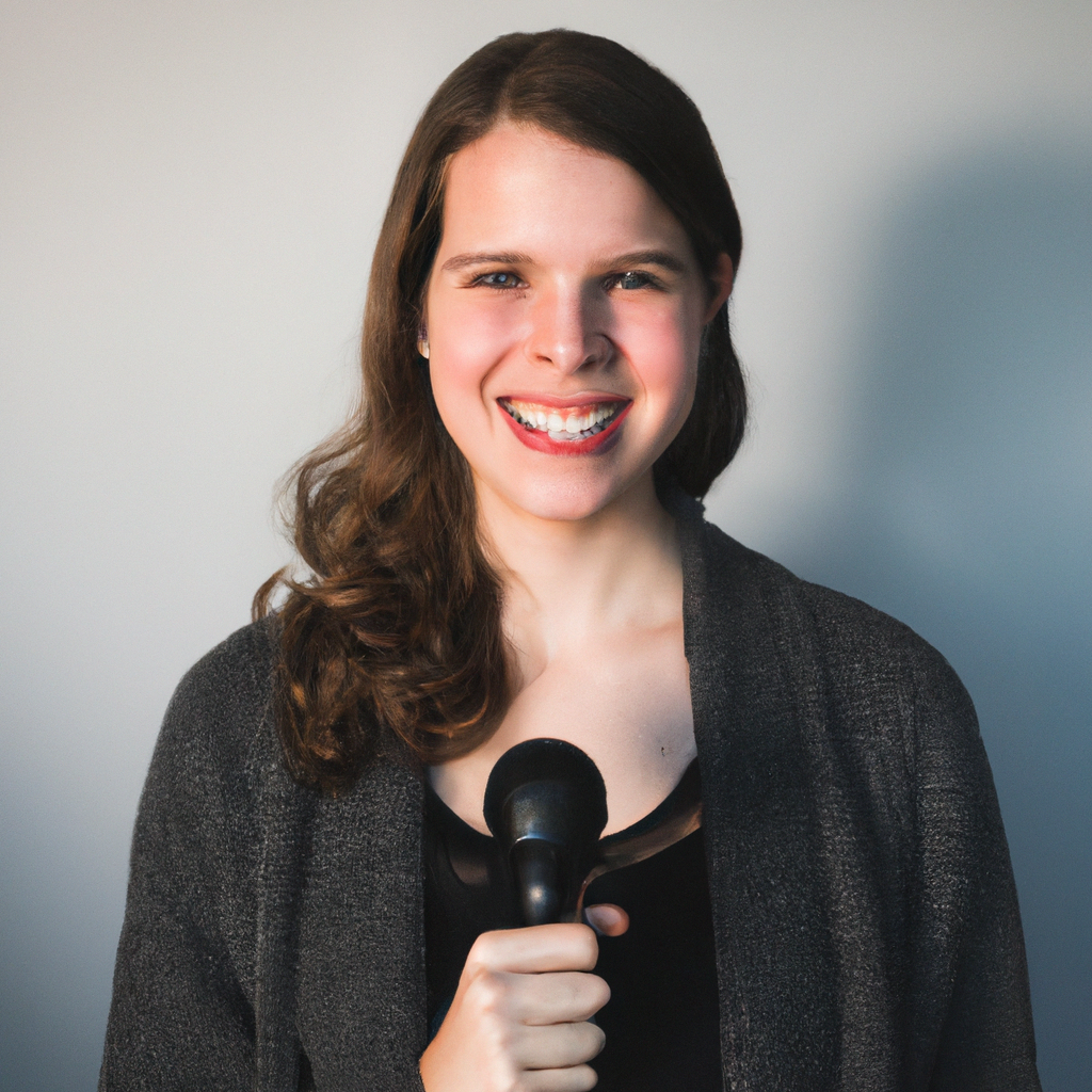 Portrait of Olivia Martin, Client Producer, smiling on a minimalist set with a broadcast microphone