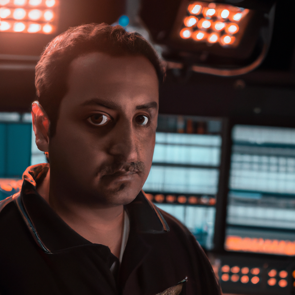 Portrait of Samir Patel, Head of Operations, in a broadcast control room with LED panels